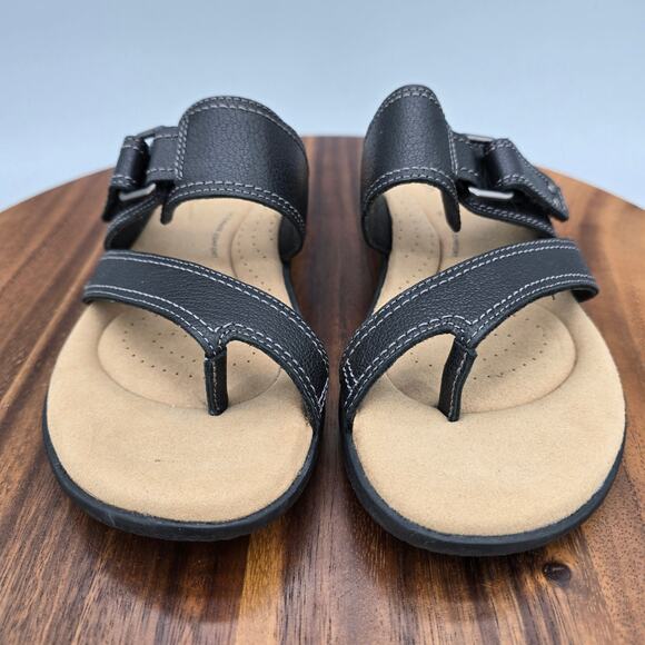 Clarks Sandals Women's 7 M Black Leather Thong Slip On Comfort Toe Loop Strap - Picture 2 of 7